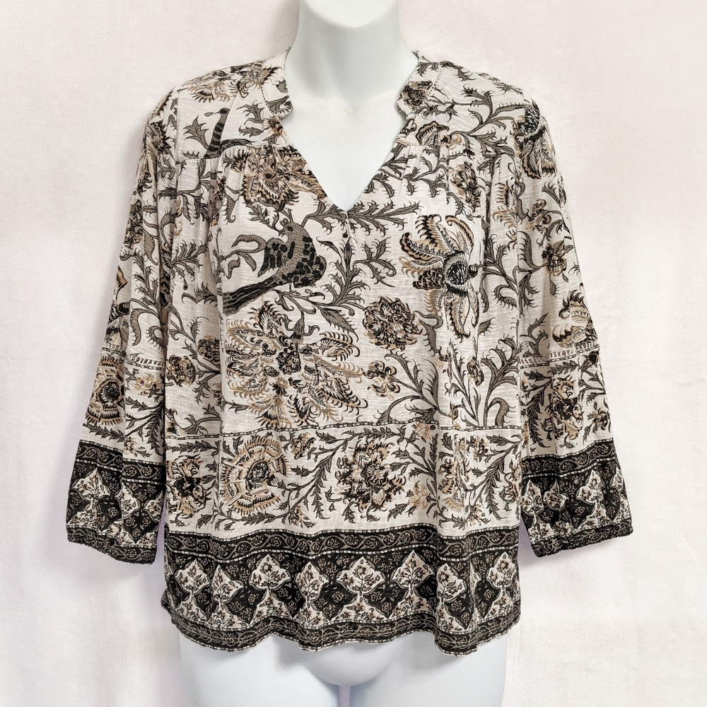 Lucky Brand Peasant Top with Floral Bird Pattern